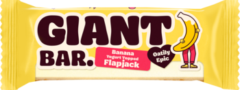 Żółty baton GIANT BAR, zbożowy z bananami i jogurtem, z postacią banana, widok z przodu opakowania.