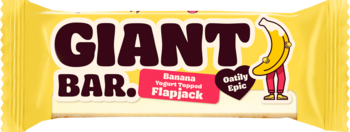 Żółty baton GIANT BAR, zbożowy z bananami i jogurtem, z postacią banana, widok z przodu opakowania.