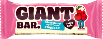 MABAKER Giant Bar ,baton zbożowy  z kawałkami malin, żurawiną i truskawkami w polewie jogurtowej,przód