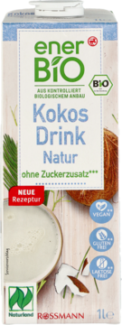 Karton enerBIO Kokos Drink Natur 1L, wegański napój kokosowy bez cukru, z kokosem i szklanką napoju.