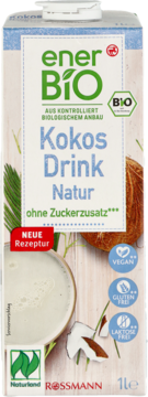 Karton enerBIO Kokos Drink Natur 1L, wegański napój kokosowy bez cukru, z kokosem i szklanką napoju.
