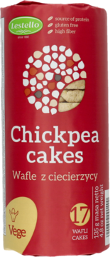 Czerwone opakowanie Lestello Chickpea Cakes, bezglutenowe, źródło białka, zawiera 17 wafli. Widok z przodu.