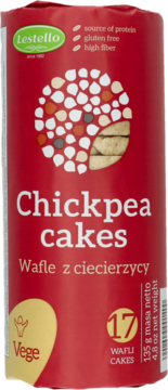 Czerwone opakowanie Lestello Chickpea Cakes, bezglutenowe, źródło białka, zawiera 17 wafli. Widok z przodu.