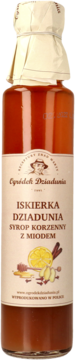 Iskierka Dziadunia syrop korzenny z miodem w szklanej butelce, etykieta z cytryną, imbirem i cynamonem.