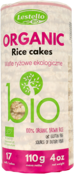 Lestello BIO Organic Rice cakes, cylindrical, light beige package with pink 'ORGANIC' text, gluten-free.