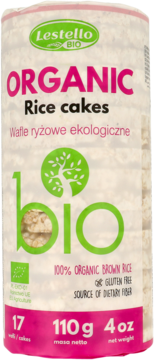Lestello BIO Organic Rice cakes, cylindrical, light beige package with pink 'ORGANIC' text, gluten-free.