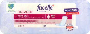 Frontansicht facelle Diskret Einlagen mini plus, weiße Packung mit rotem Auslaufschutz und Öko-Siegel.