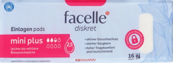 Różowo-białe opakowanie wkładek facelle Diskret mini plus 16 sztuk. Z przodu symbol kłódki.