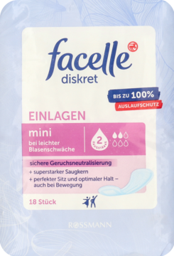 Biało-różowe opakowanie wkładek facelle diskret mini 18 szt., z logo Rossmann, do lekkiego nietrzymania moczu.