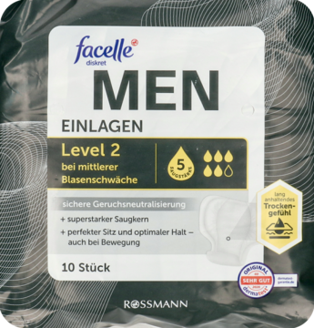 Facelle Men Einlagen Level 2 (5 kropli), wkładki dla mężczyzn, ciemnoszare opakowanie z żółtą etykietą, przód.