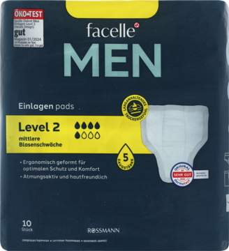 Facelle MEN wkładki higieniczne Level 2, 10 sztuk, ciemne opakowanie z żółtym paskiem i logo ÖKO-TEST, widok z przodu.