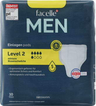 Facelle Men wkładki na nietrzymanie moczu Level 2, 10 sztuk. Granatowe opakowanie z żółtym paskiem, widok z przodu.