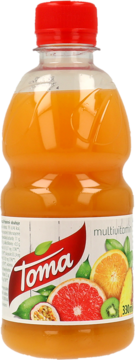 Sok wieloowocowy Toma multivitamina w plastikowej butelce z czerwoną nakrętką, widok z przodu.