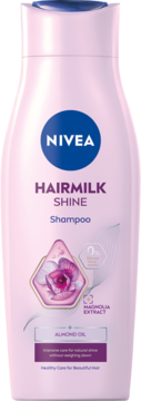 NIVEA Hairmilk Shine Shampoo w różowej butelce, widok z przodu, z magnolią i olejkiem migdałowym.