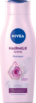 NIVEA Hairmilk Shine Shampoo w różowej butelce, widok z przodu, z magnolią i olejkiem migdałowym.