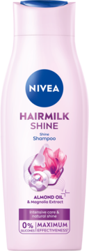 NIVEA Hairmilk Shine Shampoo, różowa butelka z migdałowym olejkiem i magnolią, dla naturalnego połysku, widok z przodu.