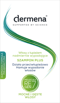 Szampon Dermena Plus przeciwłupieżowy i na wypadanie włosów, biała butelka z zielonym logo, widok z przodu.