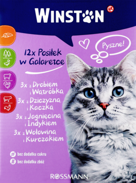 Winston karma mokra dla kota w galaretce, 12x, fioletowe opakowanie z wizerunkiem kota, bez cukru i zbóż.