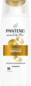 Biały szampon Pantene Intensive Repair z Nutri-Plex, widok z przodu. Butelka z złotymi detalami dla włosów zniszczonych.