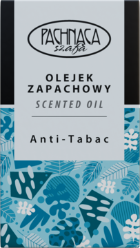Pionowe opakowanie olejku zapachowego Anti-Tabac, szare z błękitnym wzorem liściastym, widok z przodu.