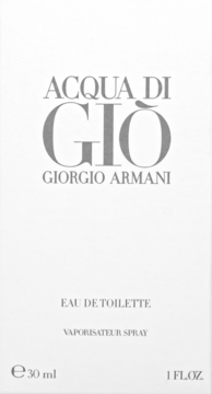 Białe pudełko perfum Acqua di Gio Giorgio Armani EDT, z szarymi napisami, widok z przodu, 30 ml.