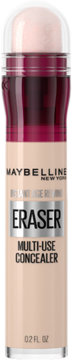 Maybelline Instant Age Rewind Eraser Concealer w beżowej tubce z czerwonym paskiem i gąbkowym aplikatorem, widok z przodu.