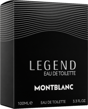 Czarne opakowanie Montblanc Legend Eau de Toilette 100ml, z metalicznymi napisami i subtelnym prążkowanym wzorem, widok z przodu i z boku.