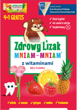 Promocyjne opakowanie Zdrowy Lizak MNIAM-MNIAM bez cukru, z witaminami, 4+1 gratis, z rysunkami owoców.