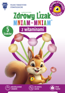Zdrowy Lizak Mniam-Mniam z witaminami, 5 sztuk. Fioletowe opakowanie z wiewiórką i lizakami.