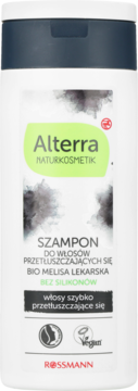 Alterra szampon do włosów przetłuszczających się w białej butelce z zielonym logo, bez silikonów, widok z przodu.