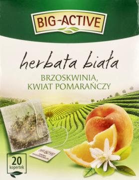 Big-Active Herbata Biała brzoskwinia, kwiat pomarańczy, 20 torebek, zielono-białe opakowanie z polem herbaty.