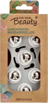 Brązowe, botaniczne opakowanie For Your Beauty Ganzkörper-Massageroller, widoczne metalowe kulki 360°.