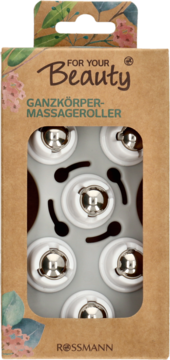 Brązowe, botaniczne opakowanie For Your Beauty Ganzkörper-Massageroller, widoczne metalowe kulki 360°.