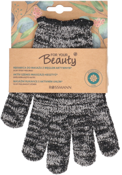 Szaro-czarna, wzorzysta rękawica peelingująca For Your Beauty z węglem aktywnym, częściowo wyjęta z opakowania.