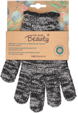 Szaro-czarna, wzorzysta rękawica peelingująca For Your Beauty z węglem aktywnym, częściowo wyjęta z opakowania.