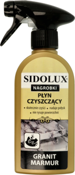 Złoty płyn do czyszczenia nagrobków Sidolux w butelce ze spryskiwaczem, napis: GRANIT MARMUR, widok z przodu.