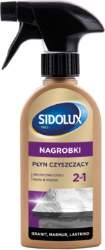Butelka Sidolux Nagrobki Płyn czyszczący z atomizerem, beżowa, z etykietą 2w1 do granitu i marmuru, widok z przodu.
