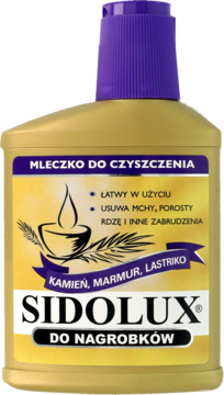 Sidolux Mleczko do czyszczenia nagrobków (kamień, marmur), złota butelka z fioletową nakrętką, widok z przodu.