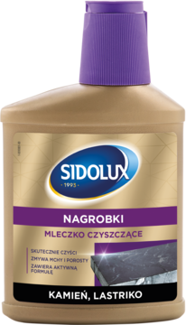 Sidolux Mleczko Czyszczące Nagrobki, złota butelka z fioletową nakrętką, z etykietą i obrazkiem kamienia, widok z przodu.