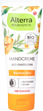 Alterra Naturkosmetik, wegański krem do rąk z Bio-Sanddorn dla suchej skóry, biała tubka, widok z przodu.