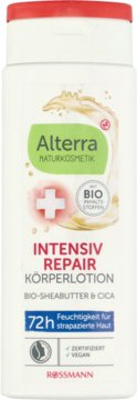 Alterra Intensiv Repair K&#x00f6;rperlotion z Bio-Sheabutter i Cica w białej butelce z czerwoną zakrętką, widok z przodu.