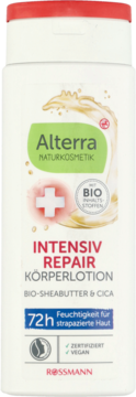 Alterra Intensiv Repair Körperlotion z Bio-Sheabutter i Cica w białej butelce z czerwoną zakrętką, widok z przodu.