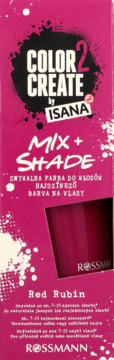 Opakowanie farby do włosów Isana Color Create Mix+Shade, odcień Red Rubin, różowe, z logo Rossmann. Widok z przodu.