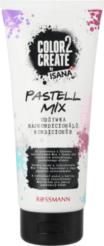 Isana Color2Create Pastell Mix odżywka do włosów, biała tubka z kolorowymi plamami dla pastelowego efektu.
