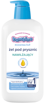 Bambino Rodzina nawilżający żel pod prysznic 1000ml z oliwką i pantenolem, biała butelka z niebieską pompką.