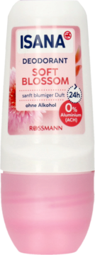 Isana Deodorant Soft Blossom w białej butelce roll-on z różową etykietą i kwiatami, widok z przodu.