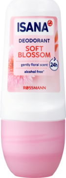 ISANA Soft Blossom dezodorant roll-on 24h, bezalkoholowy, różowo-biała butelka z etykietą, ujęcie z przodu.