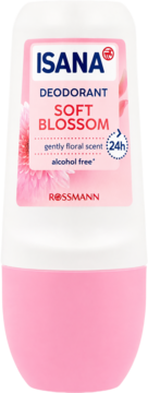 ISANA Deodorant Soft Blossom roll-on, biała butelka z różowym spodem i etykietą, widok z przodu.