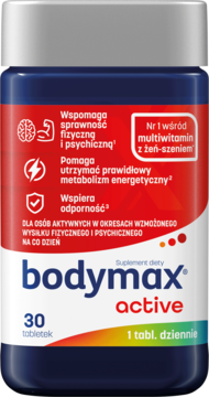 Niebieska butelka Bodymax Active, multiwitamina dla aktywnych, 30 tabletek. Widok z przodu, barwna etykieta.
