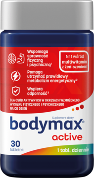 Niebieska butelka Bodymax Active, multiwitamina dla aktywnych, 30 tabletek. Widok z przodu, barwna etykieta.